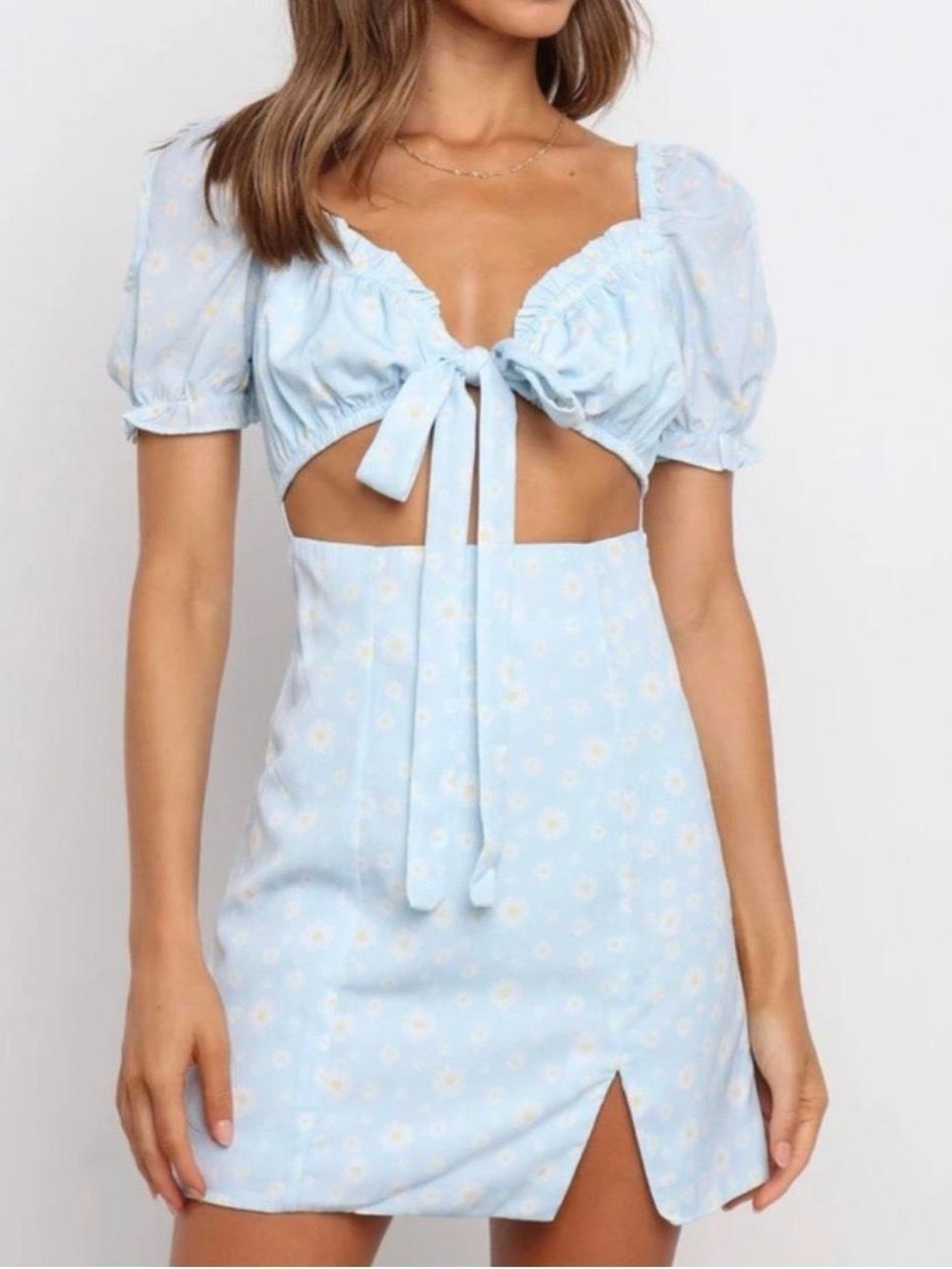 Petal & Pup Light Blue Daisy Tie-Front Cutout Mini Dress